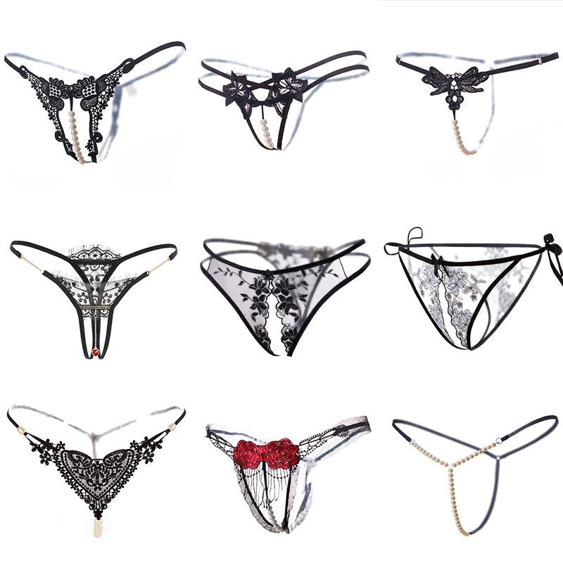 Women Sexy Lingerie Sheer Stretch crotchless Cheeky Briefs Panties Underwear Lace Thongs G-String with Pearls Ball & Bow Tie
