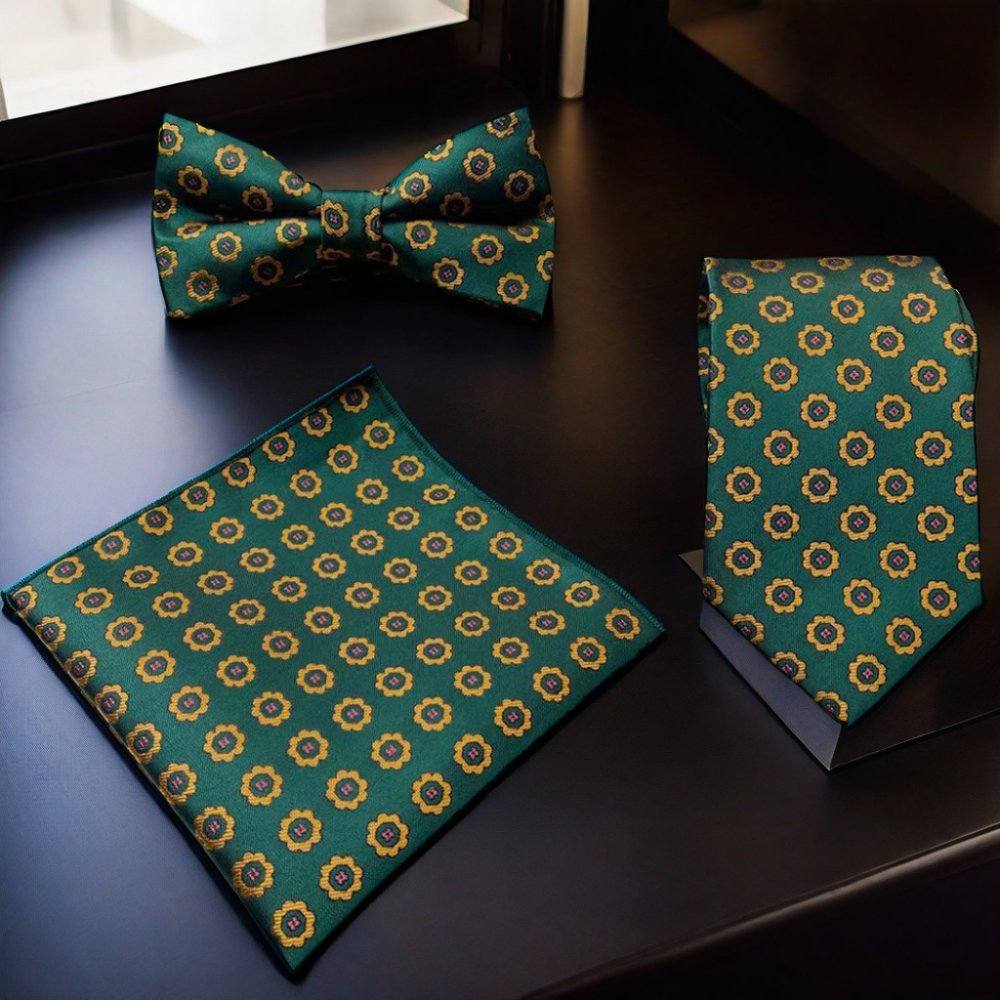 Men's Business-Style Necktie Set with Handkerchief and Bowtie Classic Floral Pattern Three-Piece Polyester Set-Gift