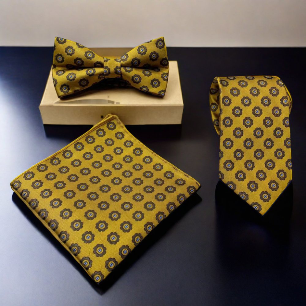 Men's Business-Style Necktie Set with Handkerchief and Bowtie Classic Floral Pattern Three-Piece Polyester Set-Gift