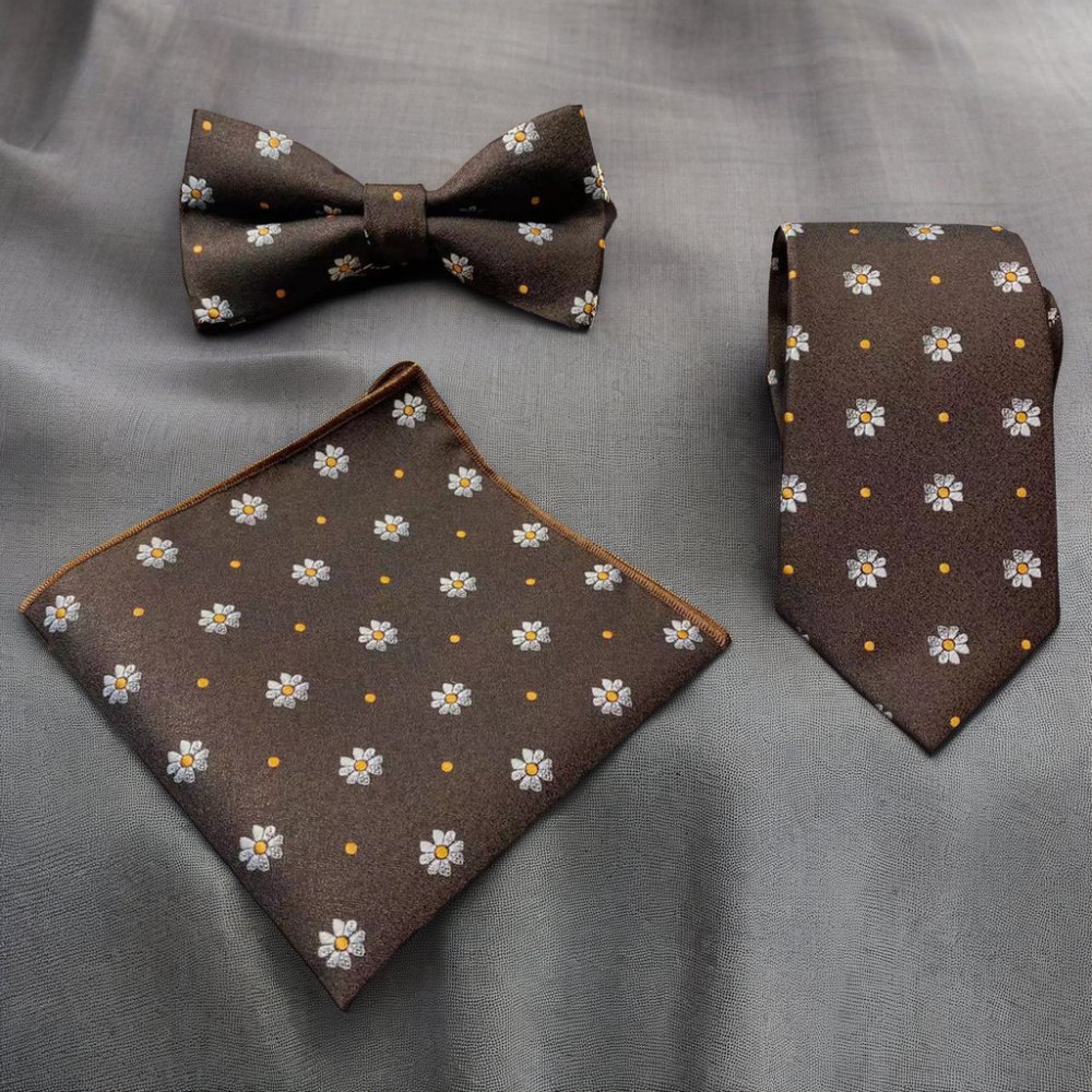 Men's Business-Style Necktie Set with Handkerchief and Bowtie Classic Floral Pattern Three-Piece Polyester Set-Gift