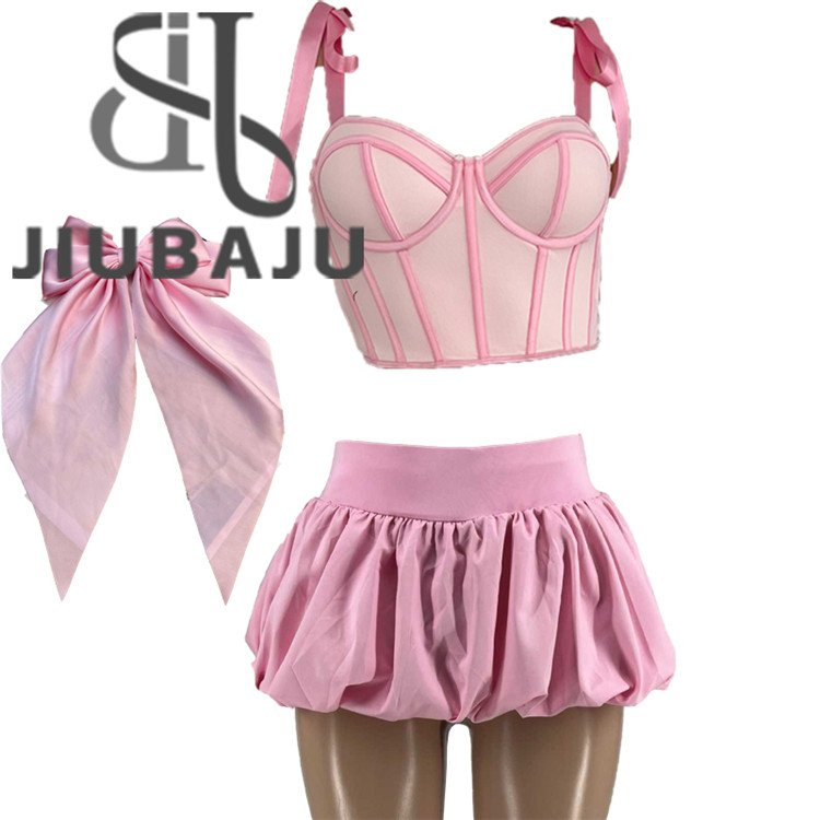 Summer 3 Piece Set Women Bandage Fishbone Tank Tops + Bow Tie Hairclip + Lace Ruffle Mini Skirts Holiday Outfits Suit
