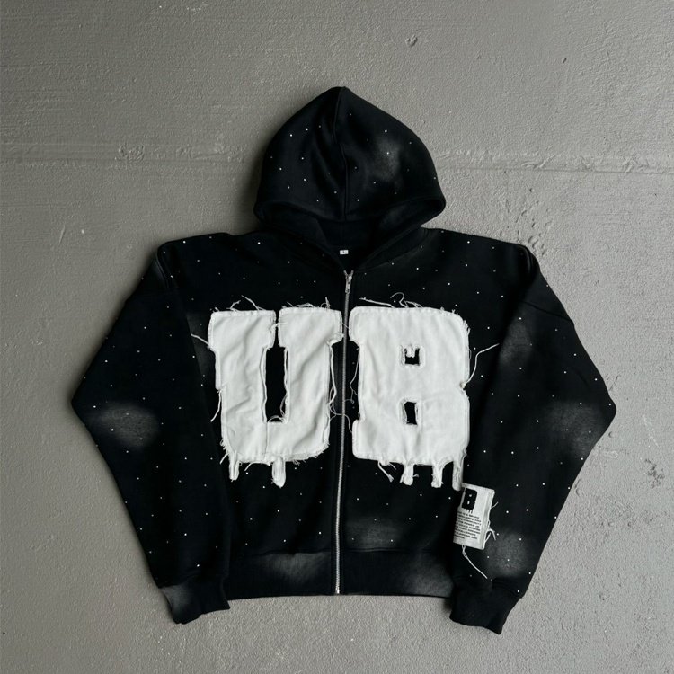 Customized rhinestone embroidered tie-dye zipper hoodie for men