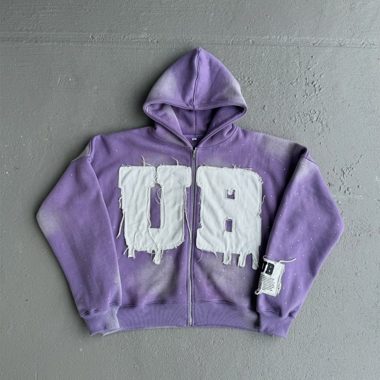 Customized rhinestone embroidered tie-dye zipper hoodie for men