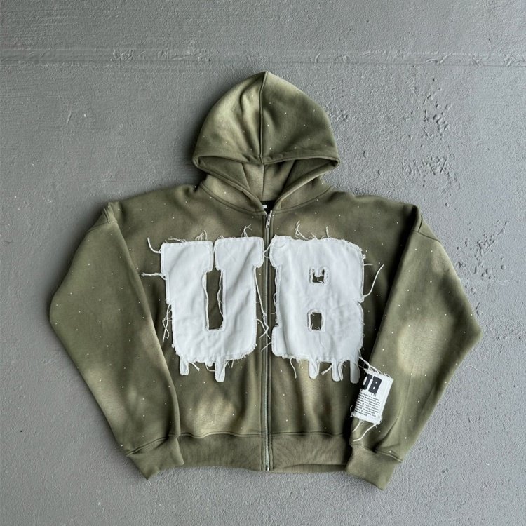 Customized rhinestone embroidered tie-dye zipper hoodie for men