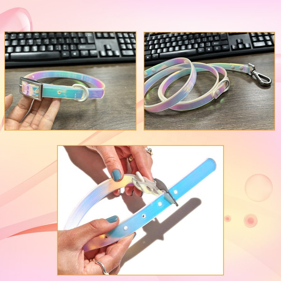 Lunar Space orbit Handsfree Dog Lead Belt Shoulder Strap holographic Rainbow Iridescent Waterproof PVC Dog collar and leash