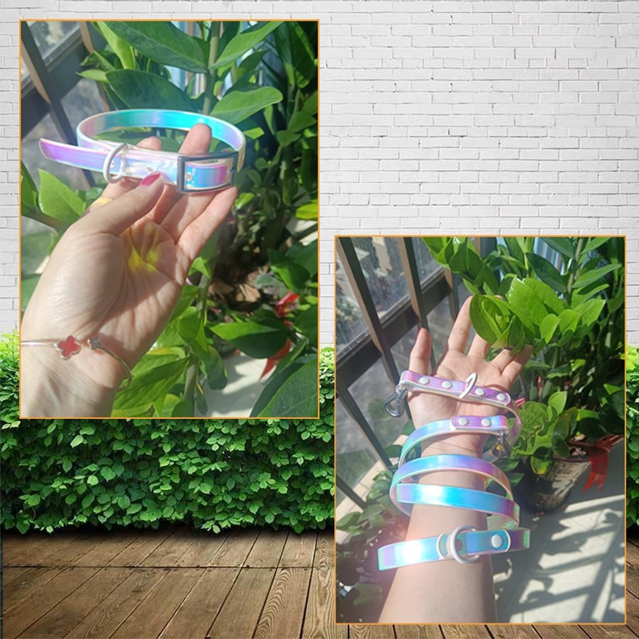 Lunar Space orbit Handsfree Dog Lead Belt Shoulder Strap holographic Rainbow Iridescent Waterproof PVC Dog collar and leash