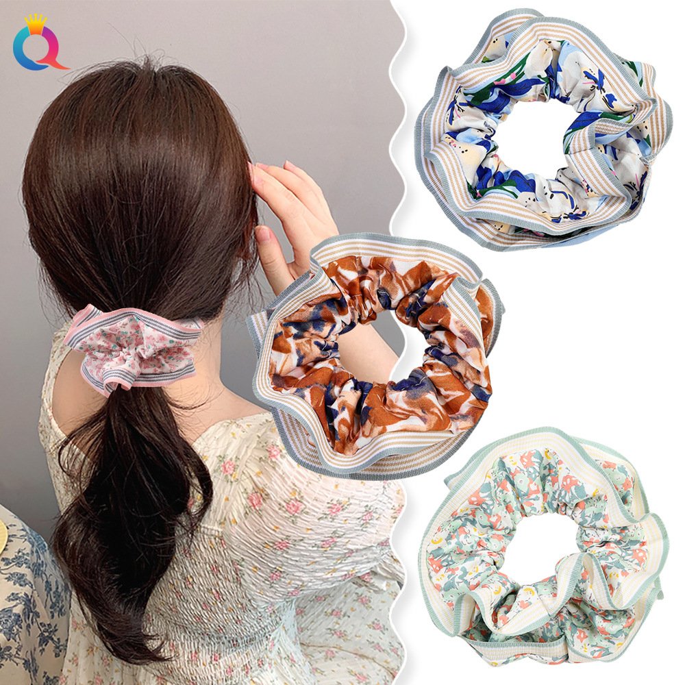 QIYUE oversize xl floral hair scrunchies scrunchy chouchou with stripes trimming