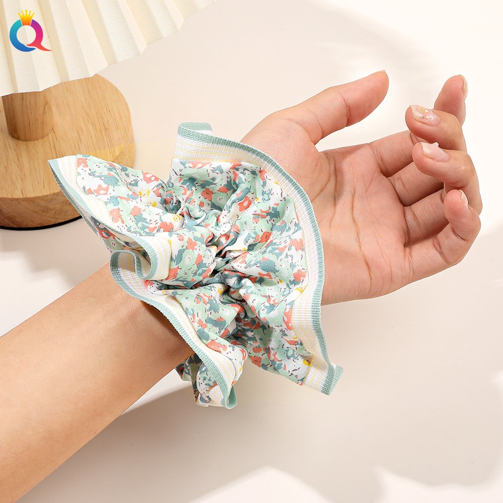 QIYUE oversize xl floral hair scrunchies scrunchy chouchou with stripes trimming