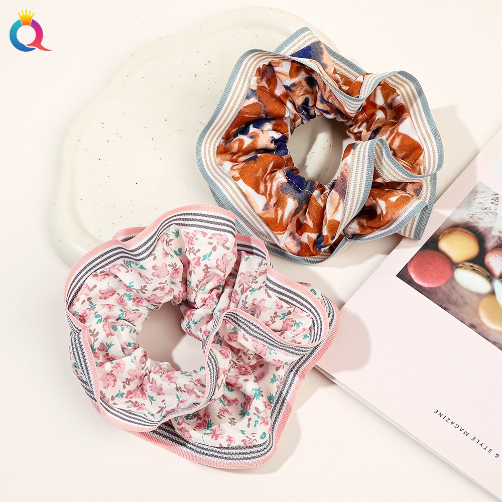 QIYUE oversize xl floral hair scrunchies scrunchy chouchou with stripes trimming