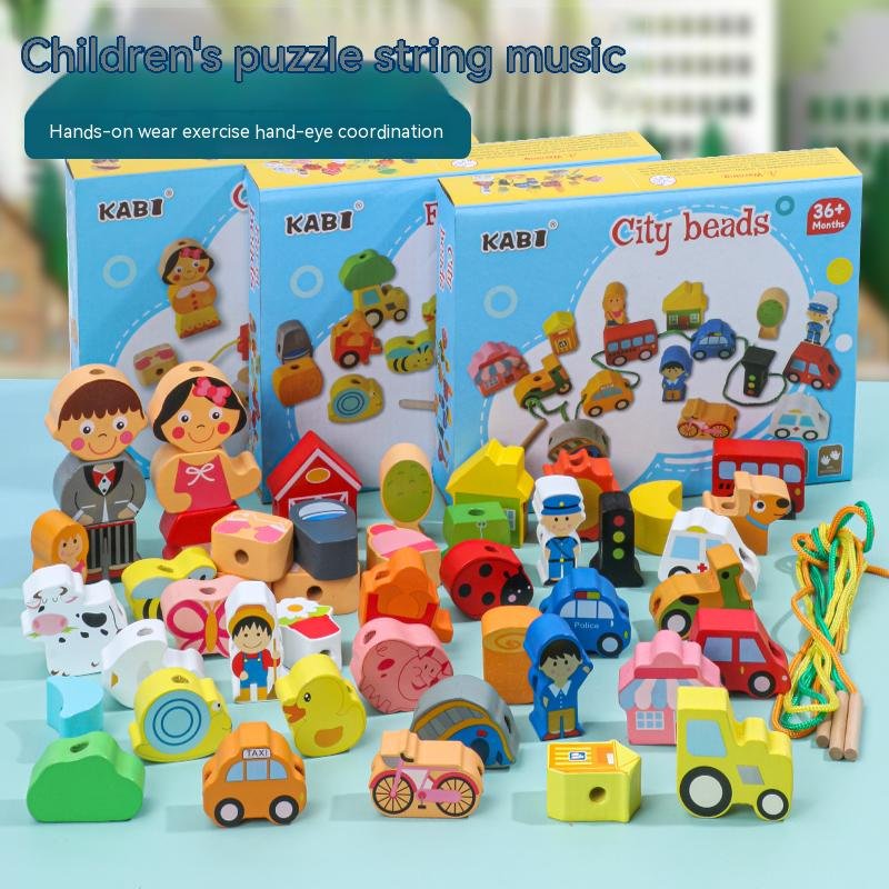 Wooden traffic farm blocks threaded beaded sorting toy 16 tie up puzzles Educational color matching toys for boys and girls
