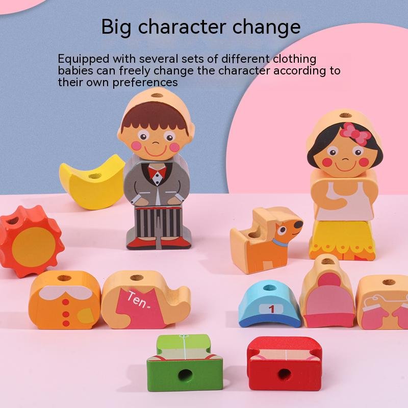 Wooden traffic farm blocks threaded beaded sorting toy 16 tie up puzzles Educational color matching toys for boys and girls