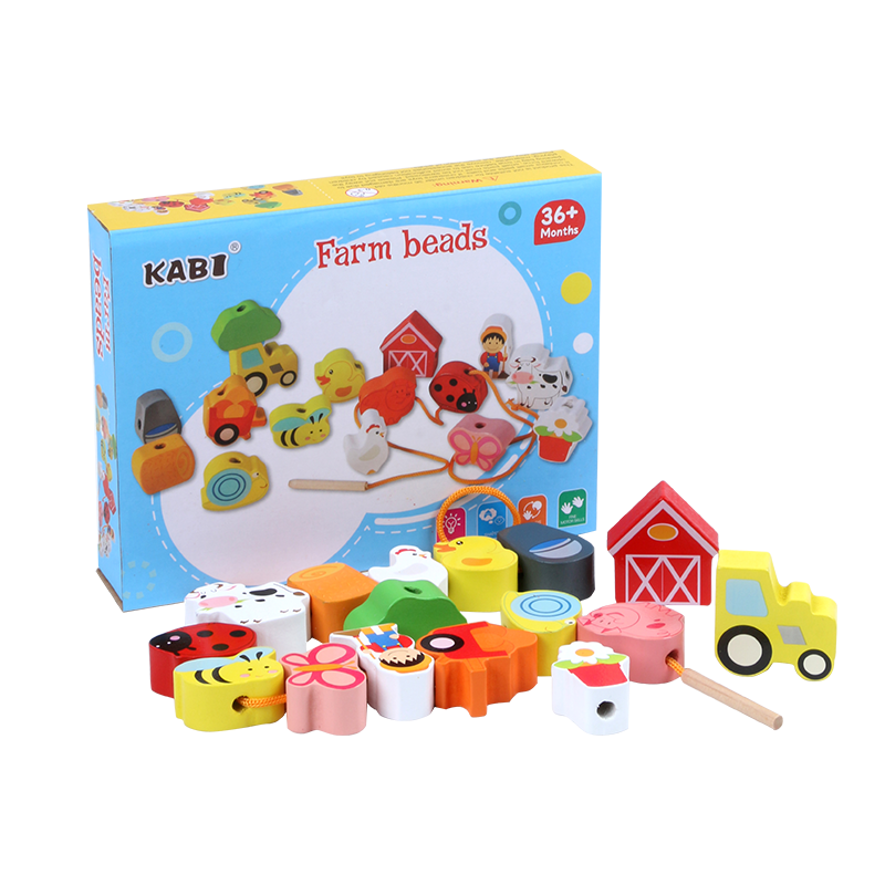 Wooden traffic farm blocks threaded beaded sorting toy 16 tie up puzzles Educational color matching toys for boys and girls