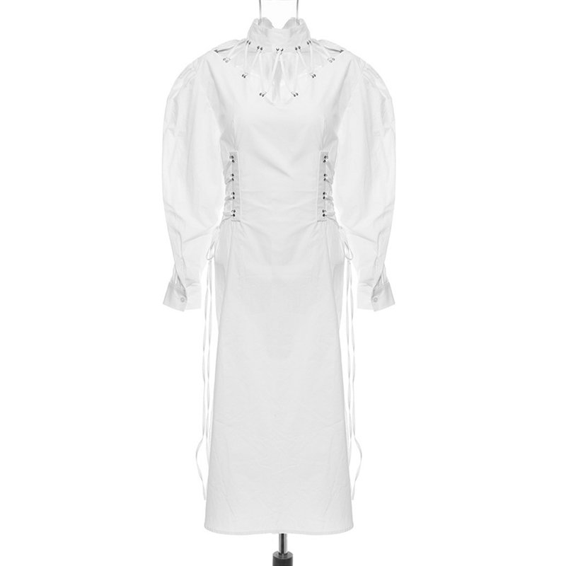Sexy Hollow Neck White Ladies Robe Tight Waist Womens vestido with Tie court Dress