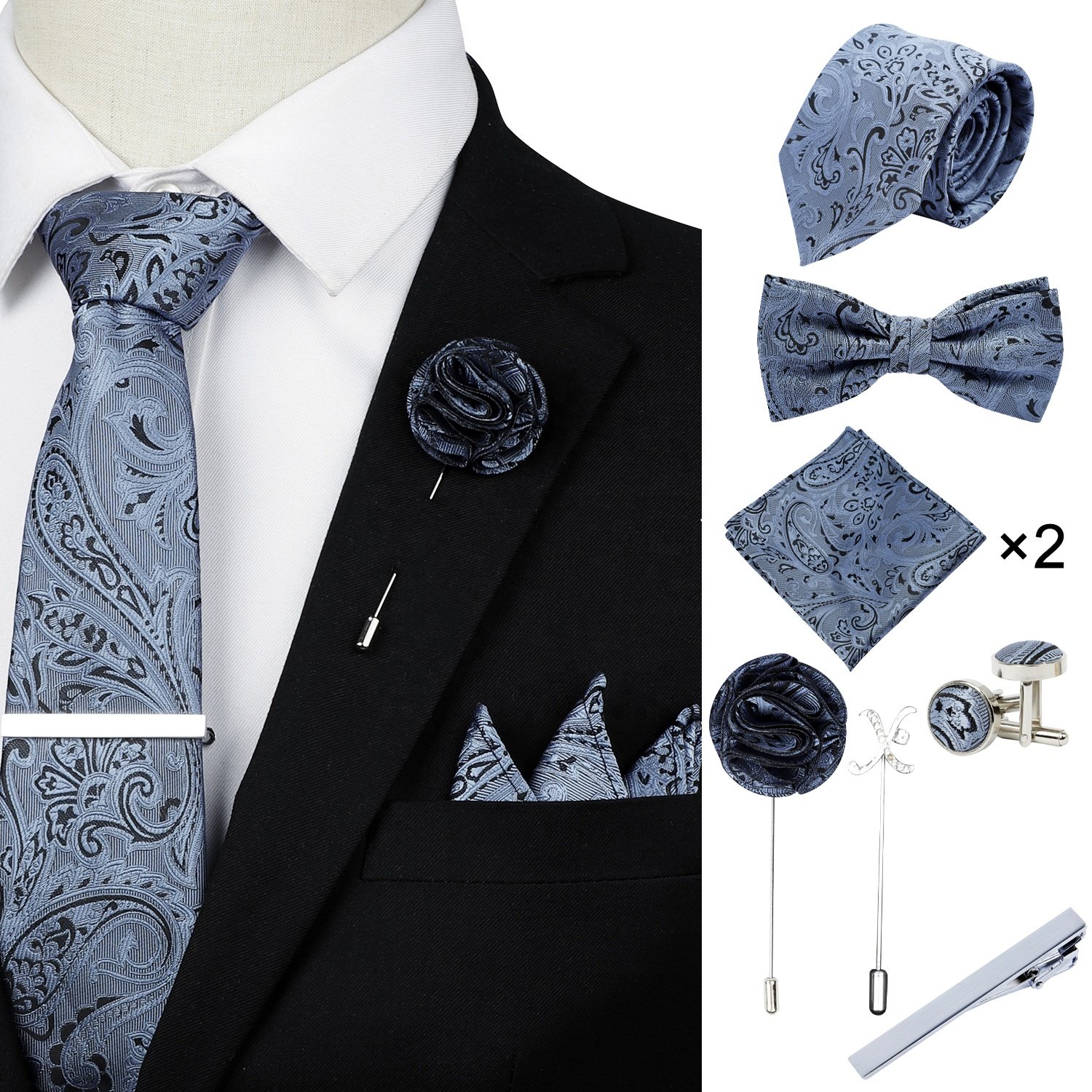 Bow Ties Necktie for Men Solid Color Pre-Tie Bow Tie and Pocket Square Cufflinks Sets for Wedding Party Prom