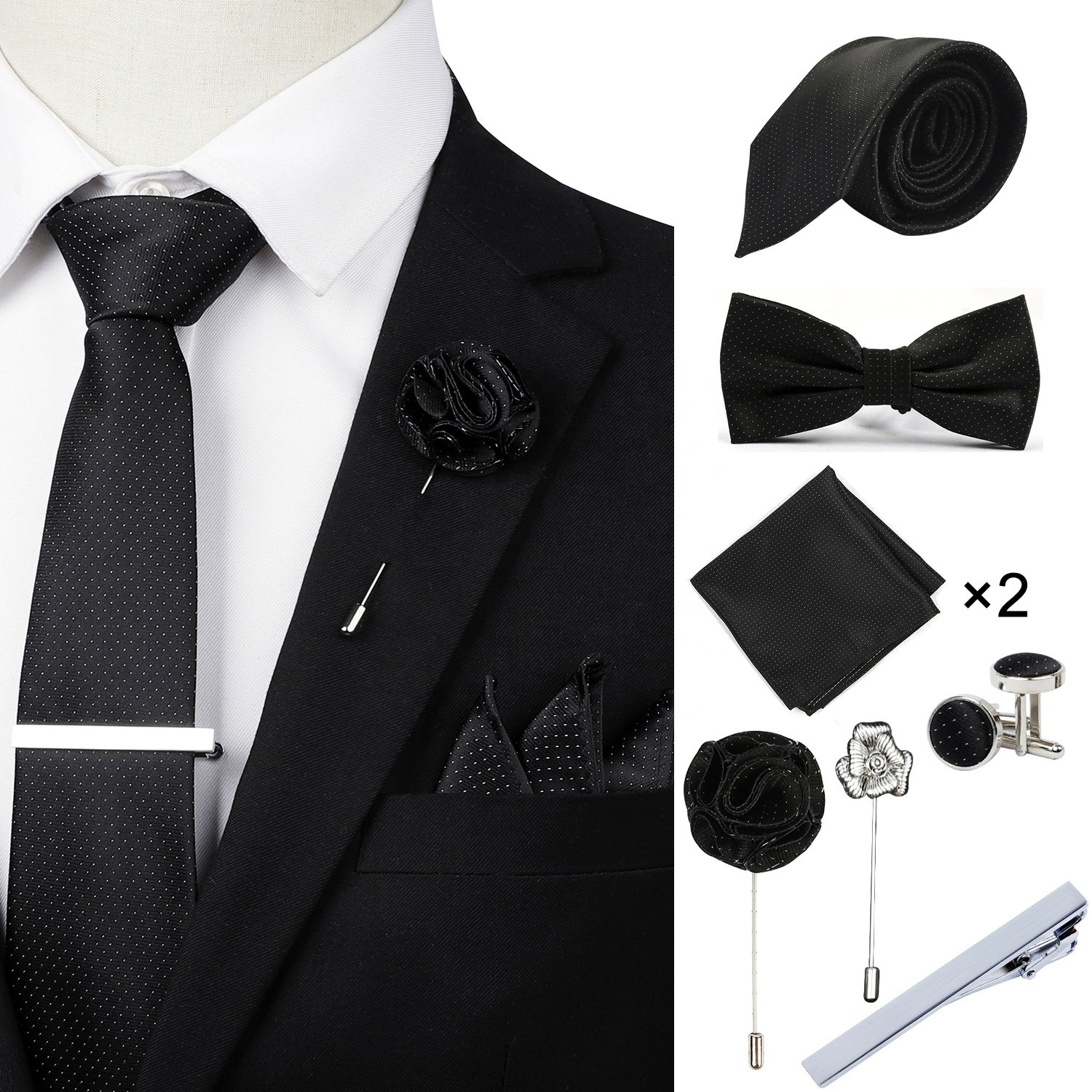Bow Ties Necktie for Men Solid Color Pre-Tie Bow Tie and Pocket Square Cufflinks Sets for Wedding Party Prom