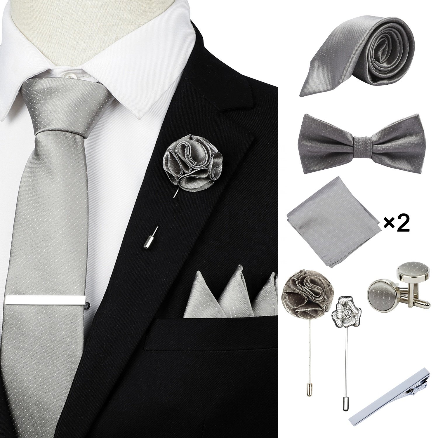 Bow Ties Necktie for Men Solid Color Pre-Tie Bow Tie and Pocket Square Cufflinks Sets for Wedding Party Prom