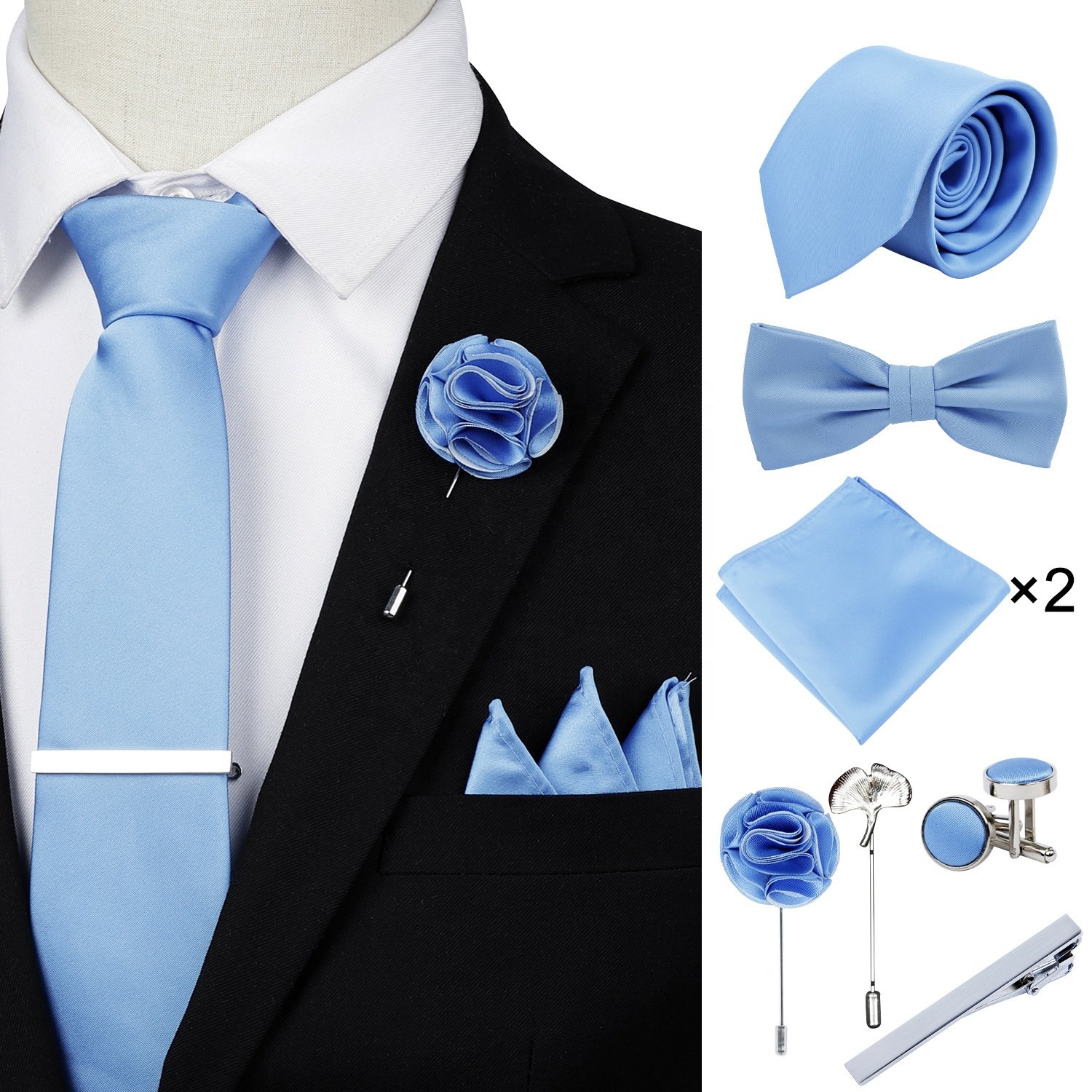 Bow Ties Necktie for Men Solid Color Pre-Tie Bow Tie and Pocket Square Cufflinks Sets for Wedding Party Prom