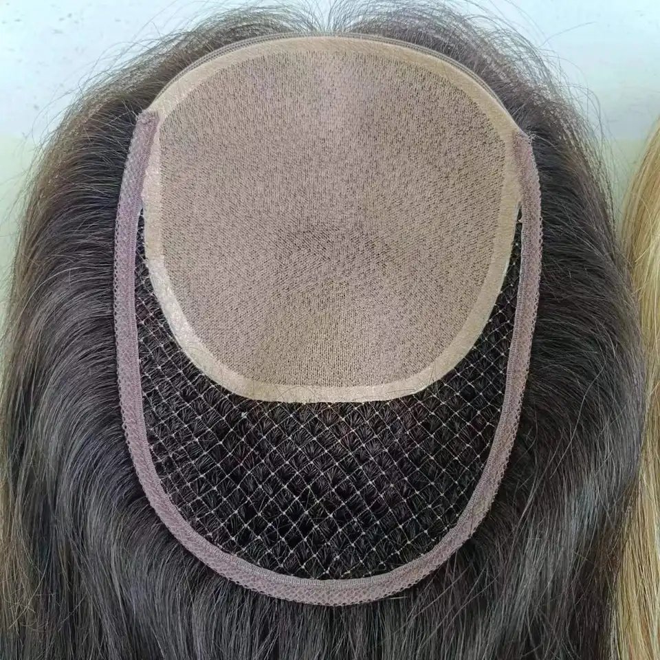 Fish Net PU skin integration toupee raw human hair mesh custom color silk base human hair topper for women