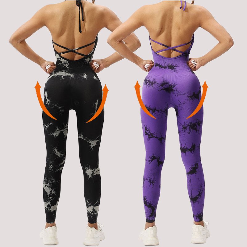 Hot 2024 new ribbed Tie Dye Women Jumpsuit Push Up BodySuits Gym Fitness Workout Yoga Bodysuit Sportswear One Piece tracksuit