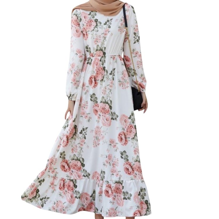 Middle Eastern floral printing slim fit waist chiffon dress cheap muslim dresses traditional muslim clothing