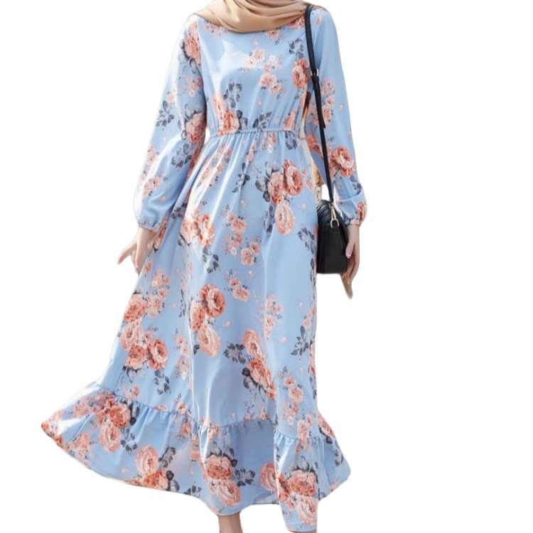 Middle Eastern floral printing slim fit waist chiffon dress cheap muslim dresses traditional muslim clothing