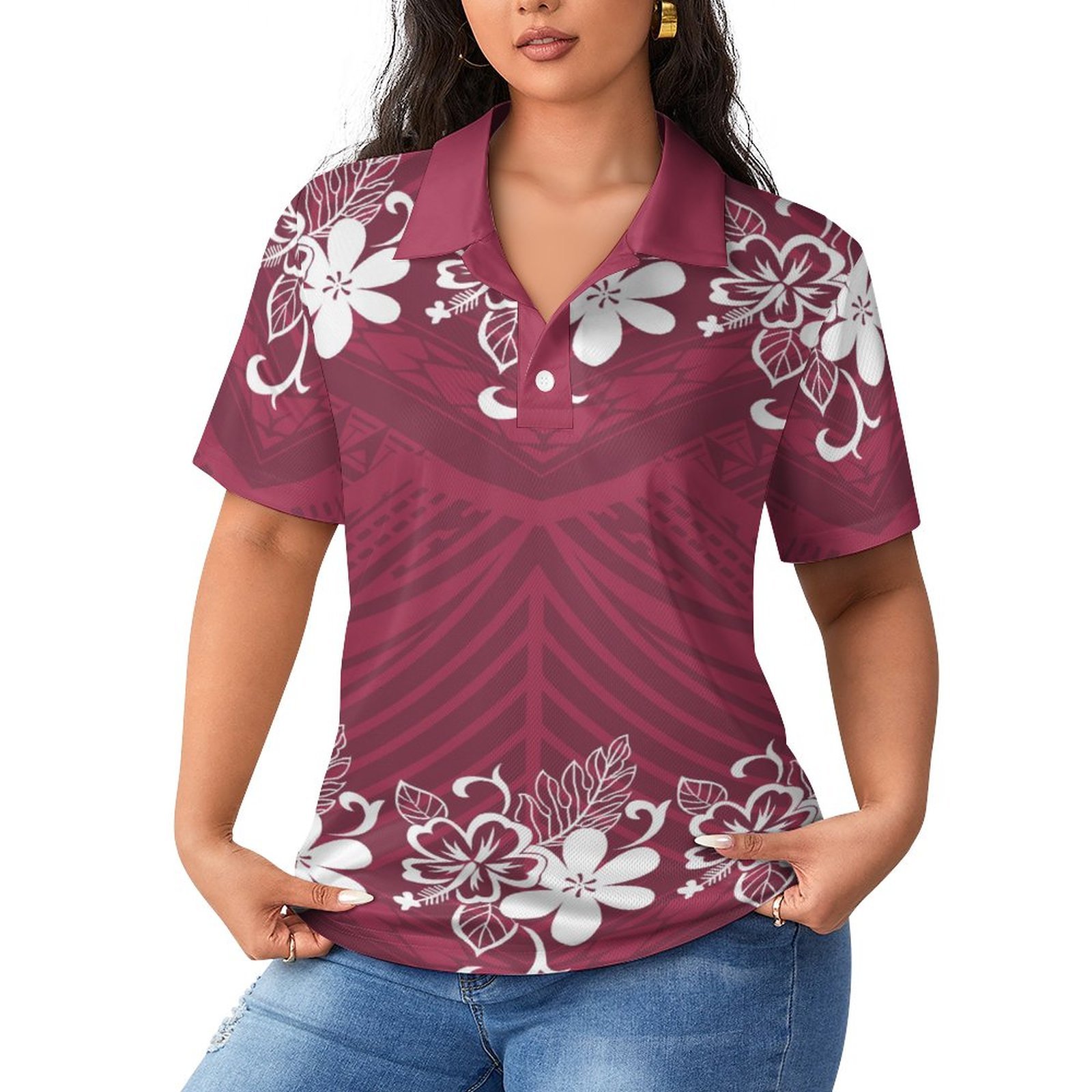 New Island Style Plumeria Flower Polynesian Tribal Print Womens Polo Shirts Red Oversized Short Sleeve Golf Polo T Shirts Custom