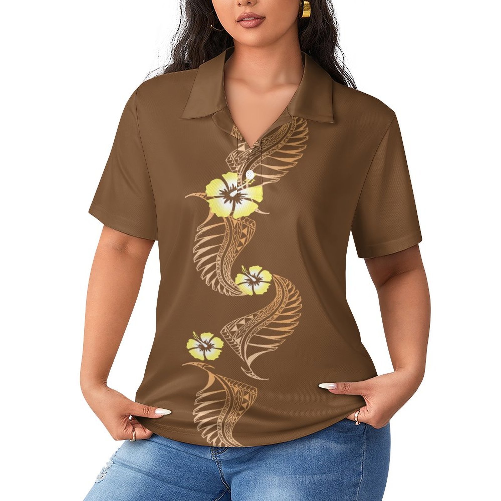 New Island Style Plumeria Flower Polynesian Tribal Print Womens Polo Shirts Red Oversized Short Sleeve Golf Polo T Shirts Custom
