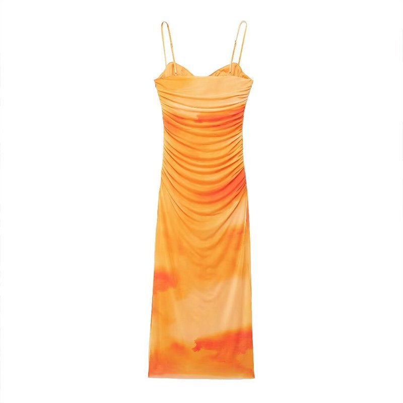 ZATRHMBM Women 2024 Summer New Fashion Tie Dye Print Dress Off The Side Zipper Sexy Backless Female Dresses Vestidos Mujer