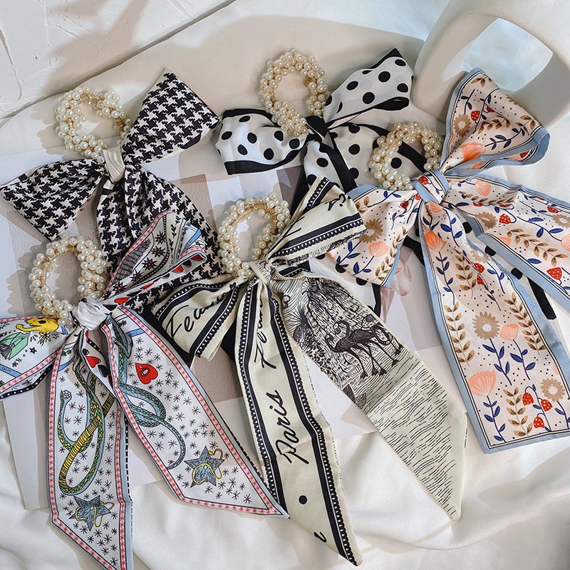 New style silk scarf pearl hair ring bow bowknot temperament rubber band hair scrunchies for girls