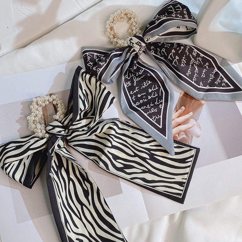 New style silk scarf pearl hair ring bow bowknot temperament rubber band hair scrunchies for girls