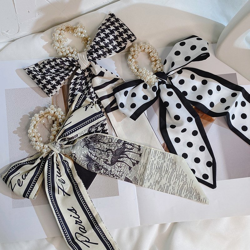 New style silk scarf pearl hair ring bow bowknot temperament rubber band hair scrunchies for girls