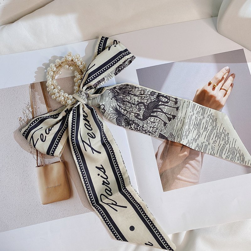 New style silk scarf pearl hair ring bow bowknot temperament rubber band hair scrunchies for girls