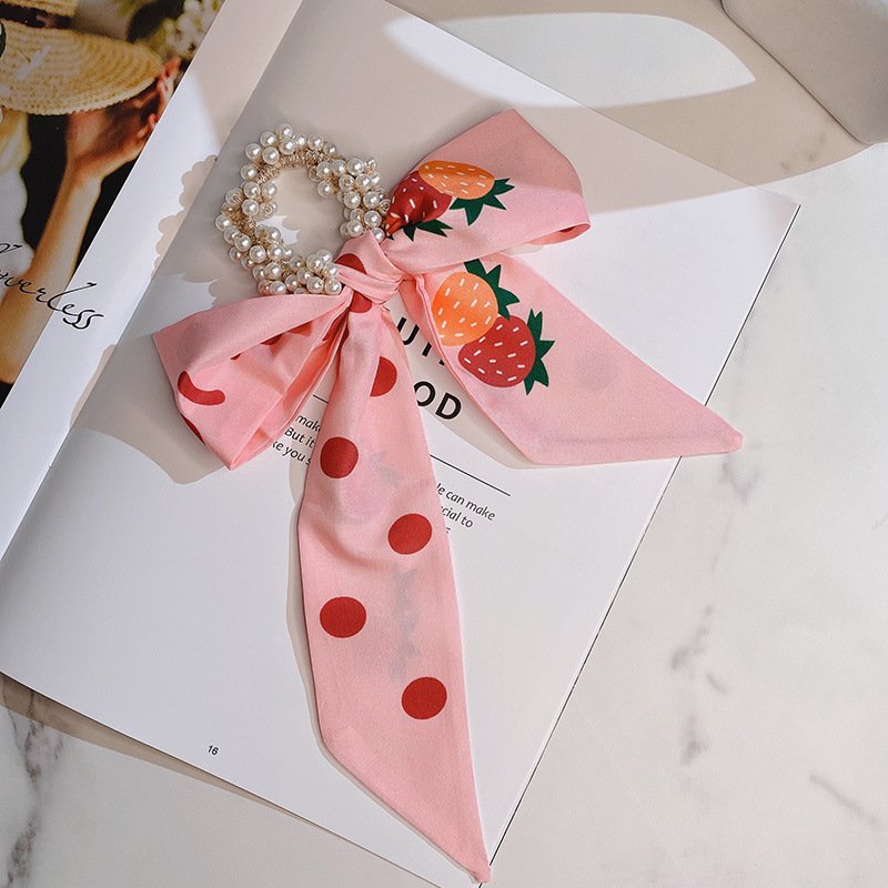 New style silk scarf pearl hair ring bow bowknot temperament rubber band hair scrunchies for girls