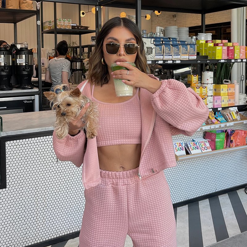 Custom Women 3 Piece Set Waffle Outfits Zip Up Hoodie Sweatshirt Crop Tank Top Jogger Sweatpants Tracksuit with Embroidery Logo