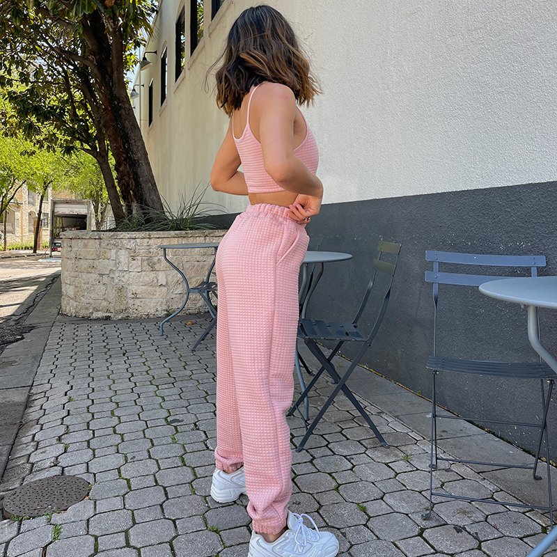 Custom Women 3 Piece Set Waffle Outfits Zip Up Hoodie Sweatshirt Crop Tank Top Jogger Sweatpants Tracksuit with Embroidery Logo
