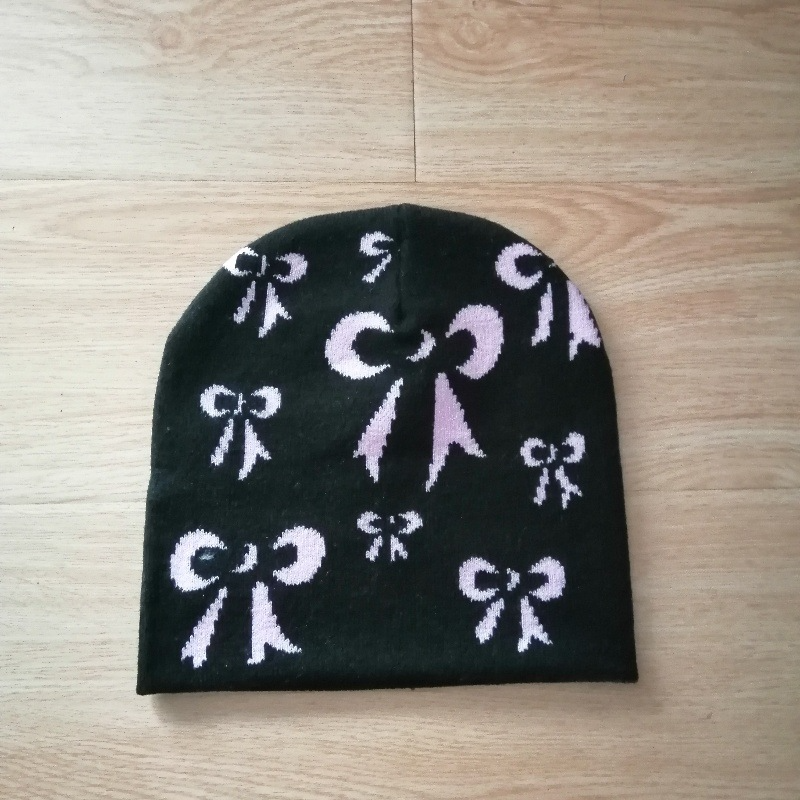 Hot Selling Manufacturer Hip Hop Y2k Bow Tie Jacquard Adult Winter Warm Skull Cap Knitted Hat Short Cuff Beanie With Custom Logo