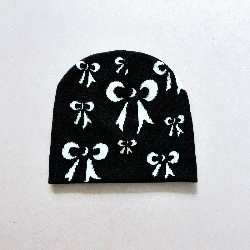 Hot Selling Manufacturer Hip Hop Y2k Bow Tie Jacquard Adult Winter Warm Skull Cap Knitted Hat Short Cuff Beanie With Custom Logo