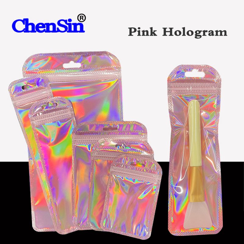 Laser plastic bags accessories earrings zipper bags hologram pink silver rainbow holographic zip lock packaging bag
