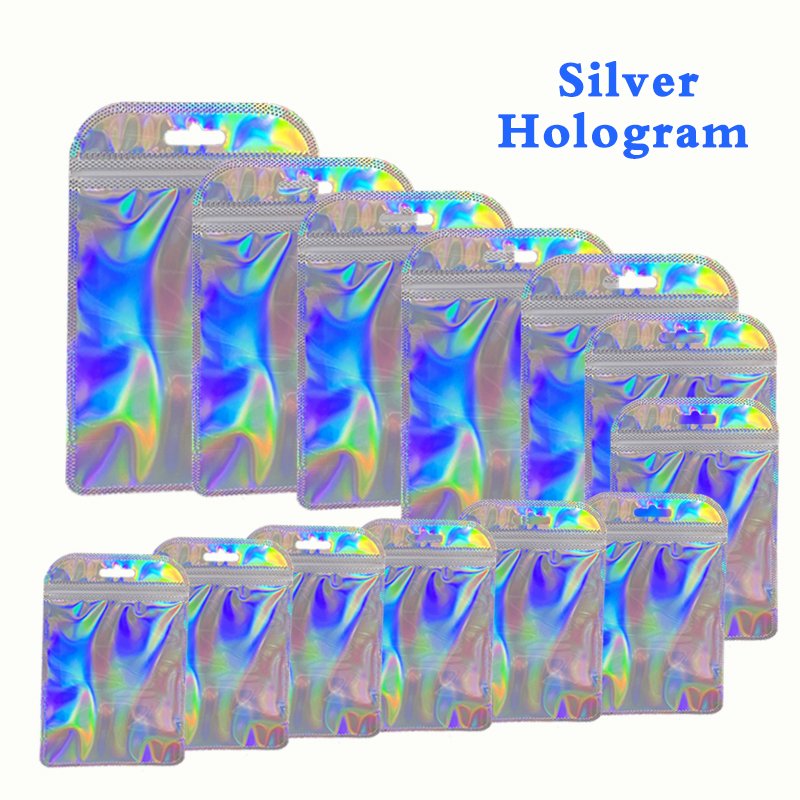 Laser plastic bags accessories earrings zipper bags hologram pink silver rainbow holographic zip lock packaging bag