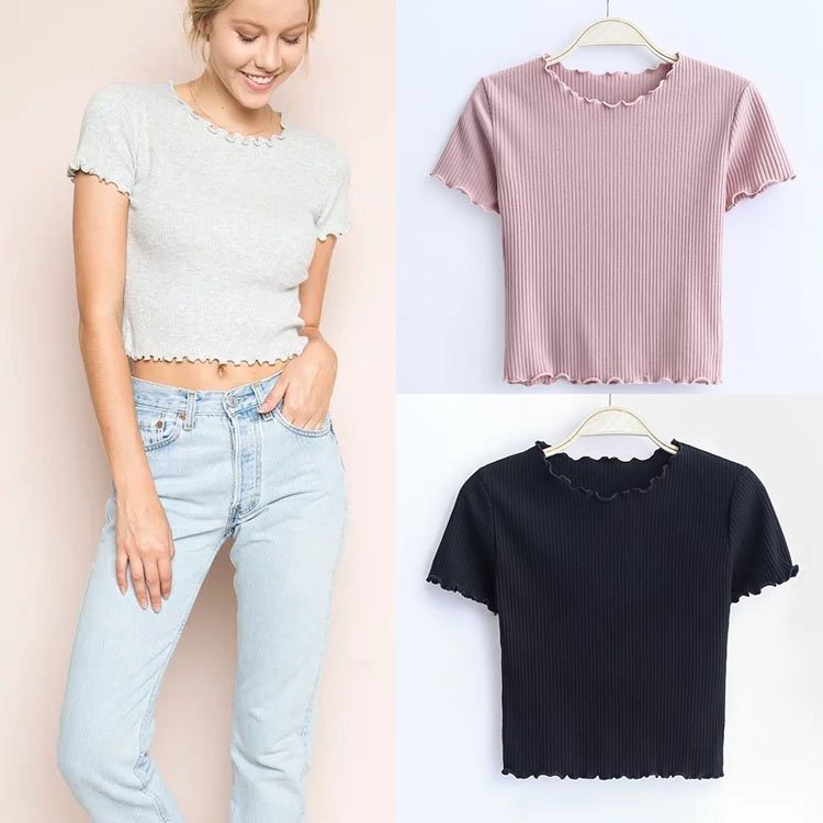 Hot girl short paragraph navel sweater female summer new v-neck sexy slim wooden ears a button short navel top