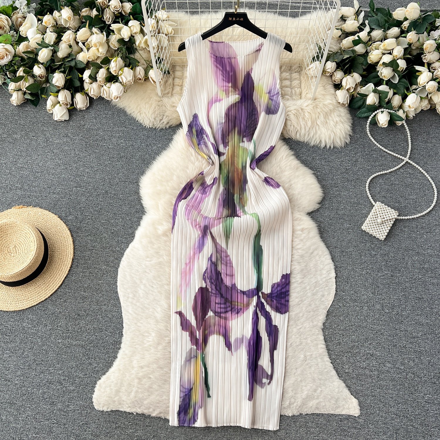 French Vintage Floral Halter Women Hollow Out Tie Waisted Holiday Casual Dresses