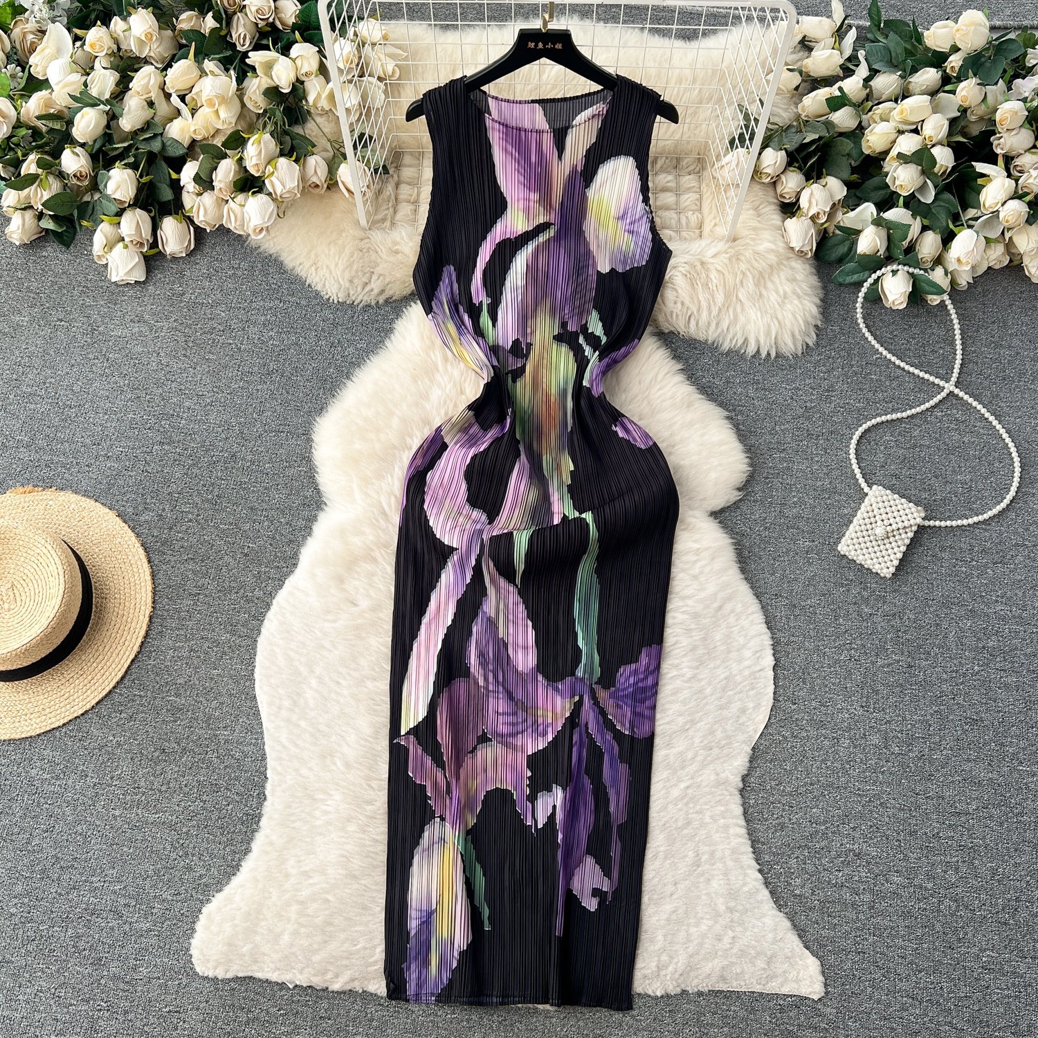 French Vintage Floral Halter Women Hollow Out Tie Waisted Holiday Casual Dresses