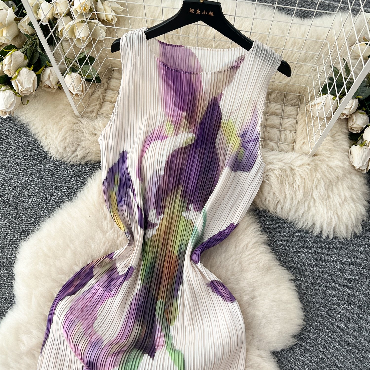 French Vintage Floral Halter Women Hollow Out Tie Waisted Holiday Casual Dresses