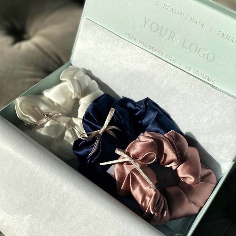 100% mulberry Silk Scrunchie band Bulk Hair Accessories Custom Logo Label silk Scrunchies with box