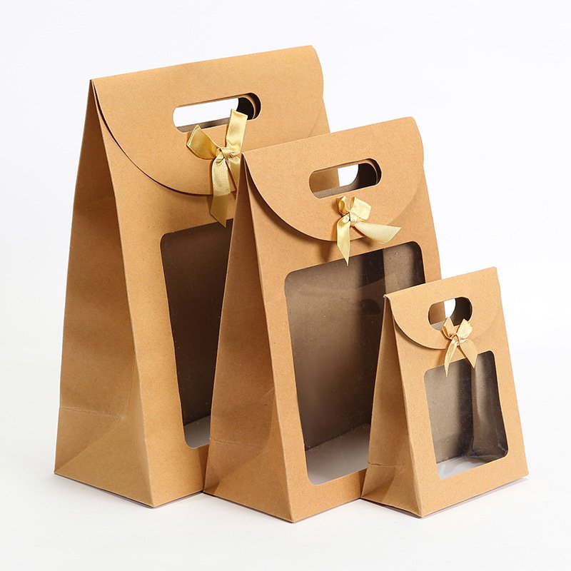 Custom logo print Gift Bag Christmas new year goodie Die Cut Handle Candy shopping Paper Bags With bow ties