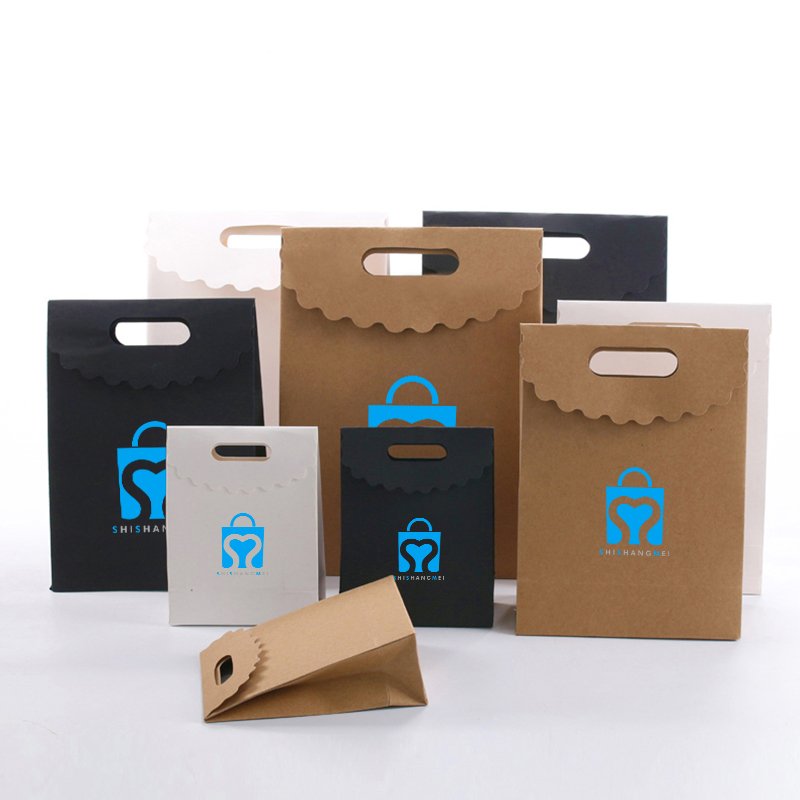 Custom logo print Gift Bag Christmas new year goodie Die Cut Handle Candy shopping Paper Bags With bow ties