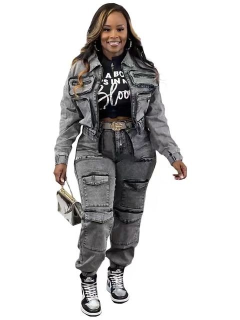 2024 Fashion Women's Multi-Pocket Washed Denim Pants Suit Casual Denim Suit Women's Two-piece Set