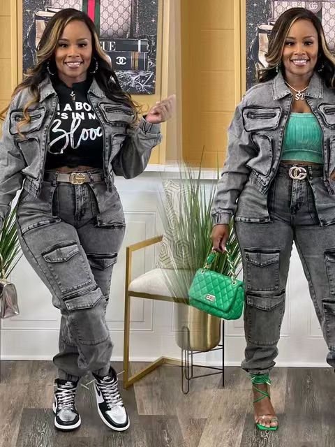 2024 Fashion Women's Multi-Pocket Washed Denim Pants Suit Casual Denim Suit Women's Two-piece Set