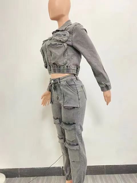 2024 Fashion Women's Multi-Pocket Washed Denim Pants Suit Casual Denim Suit Women's Two-piece Set