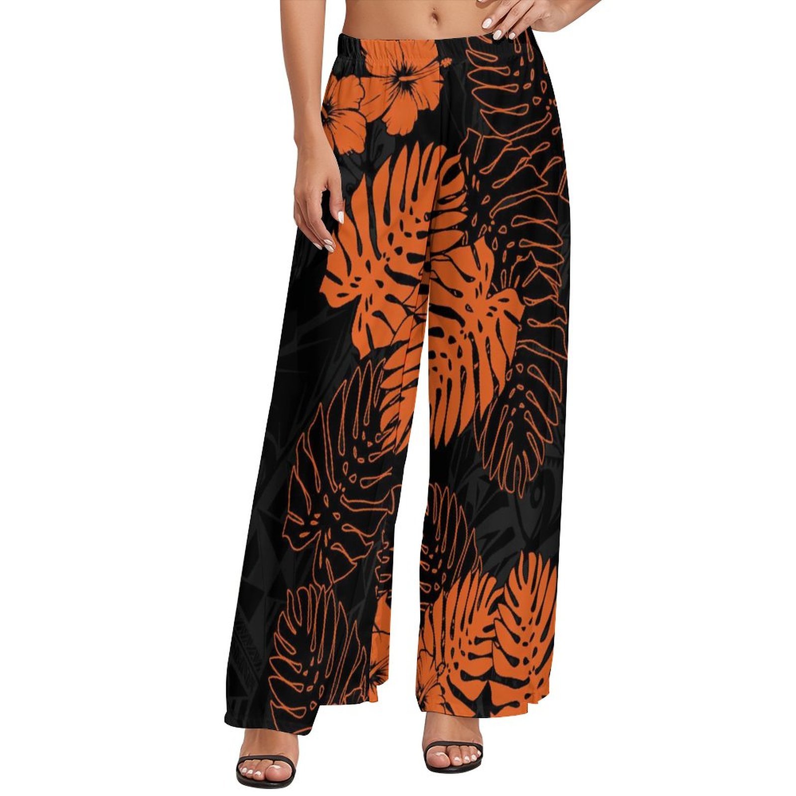New Wholesale Customized Logo Hawaiian Style High Waist Plus Size Ladies Loose Trousers Floral Tapa Printed Long Wide Leg Pants